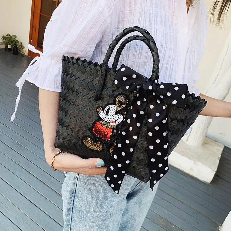 Handmade Straw Woven Bag Mickey Cartoon Square Handbag Casual New Designer Brand Female One Shoulder Bags Outdoor Vacation Bags