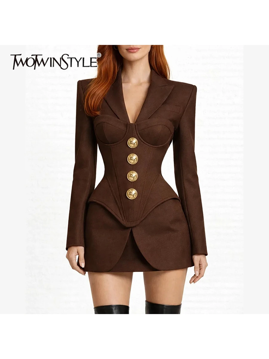 TWOTWINSTYLE Solid Spliced Button Slimming Jacket for Women Lapel Collar Long Sleeve Patchwork Zipper Casual Jackets Female New