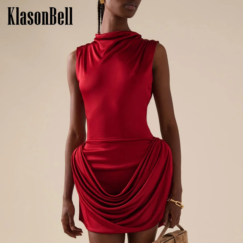 

8.24 KlasonBell Women Temperament Fashion Red Banquet Evening Dress Stand Collar Sleeveless Ruched Package Hip Short Dress