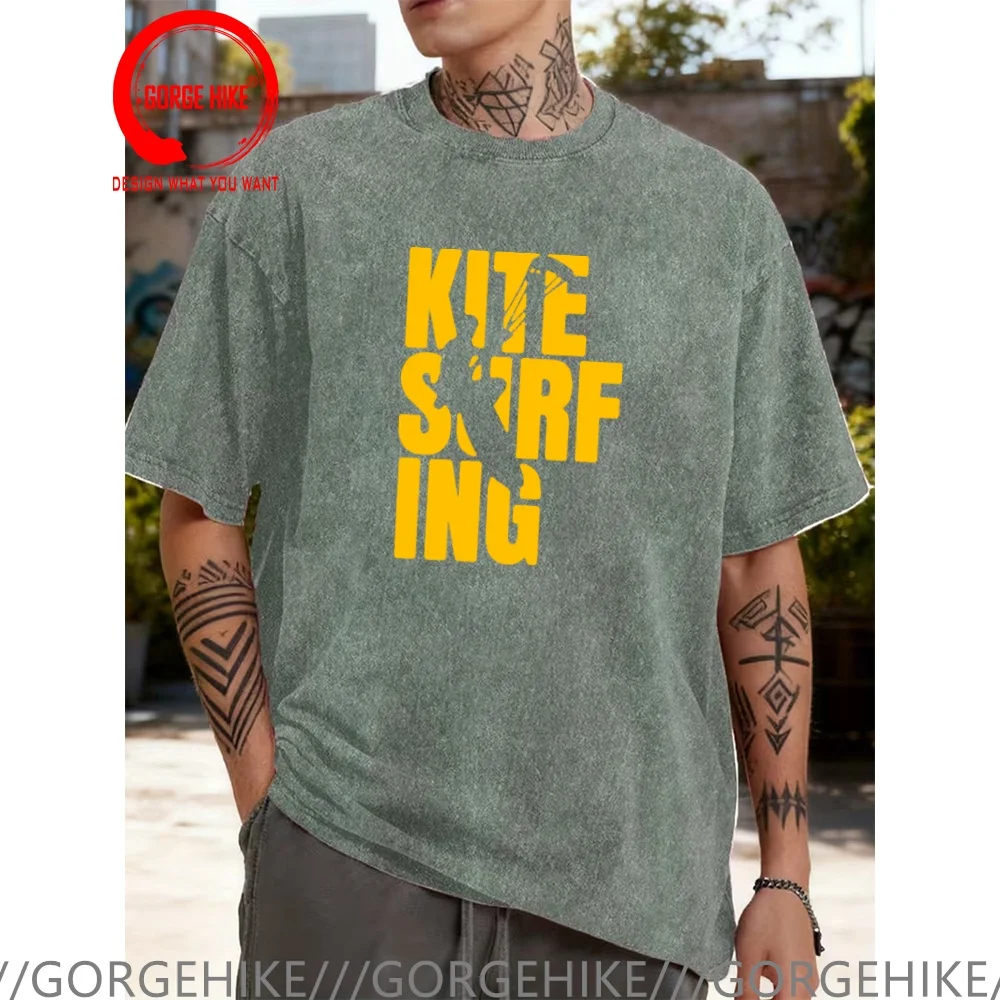 Vintage Washed Cotton T-Shirt Funny Designer Kitesurfing Kitesurf  T Shirt Men Fashion Trendy Casual Clothing Stylish Tops Tees