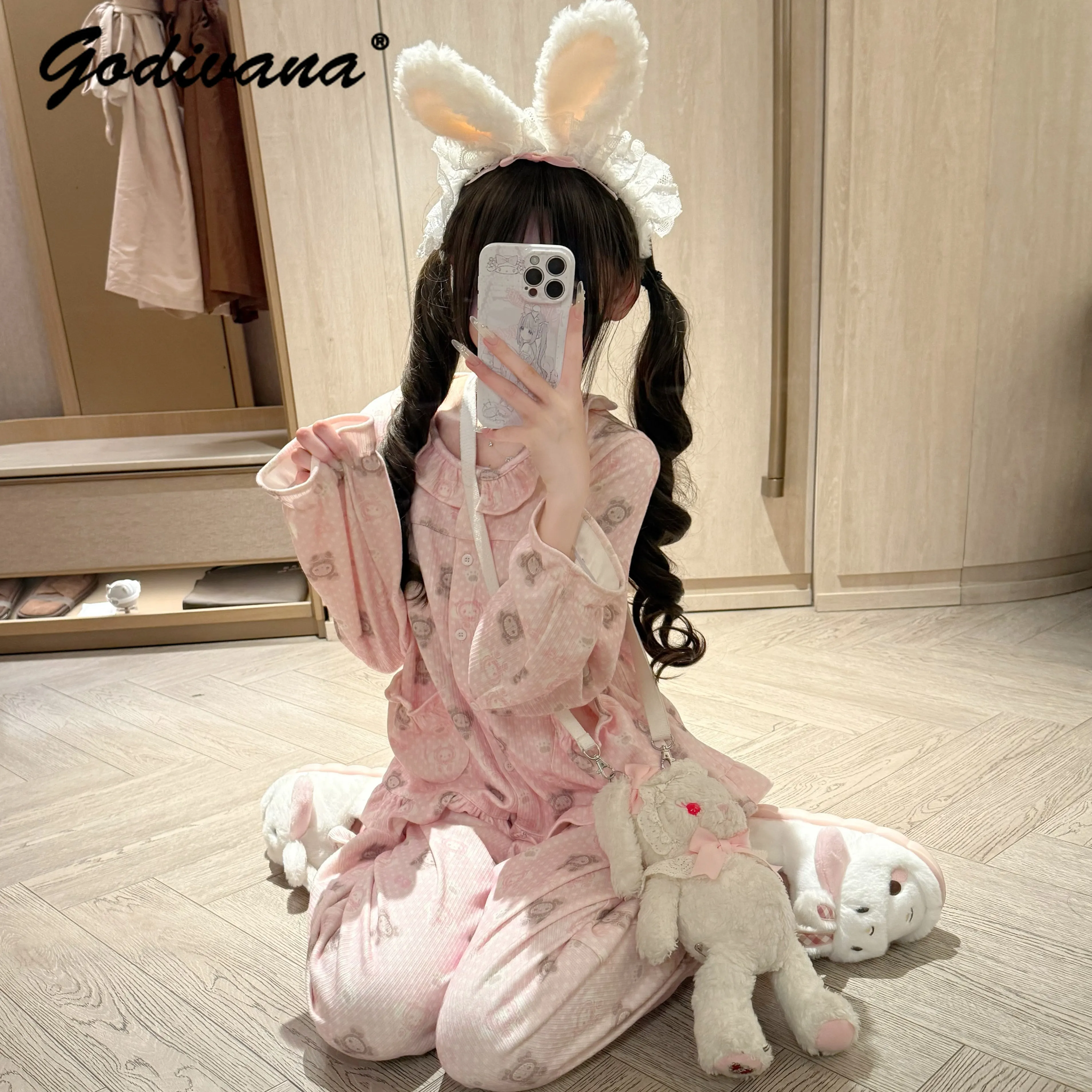 Original Design Kawaii Rabbit Bear Print Quilted Cute Long-sleeve Pajama Set Daughter Girls Cute Cotton Sleepwer Loungewear