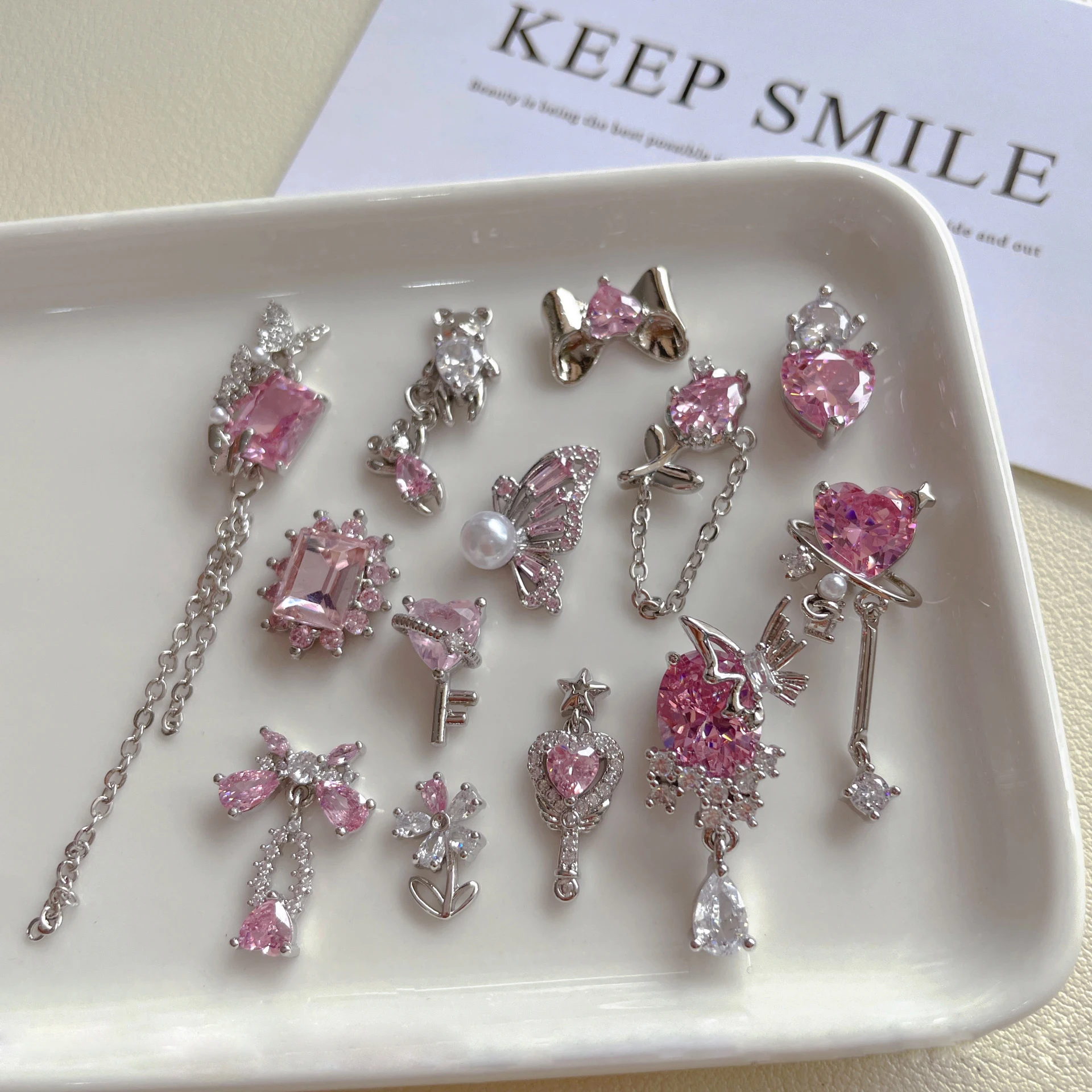 5PCS New hot selling nail art pink stone series luxurious zircon rose butterfly heart jewelry bow and diamond decoration