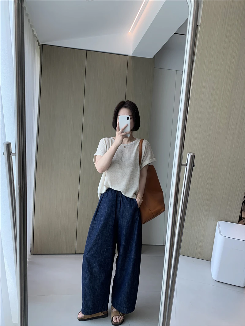 

Новая женская летняя футболка из льна и вискозы свободного кроя с коротким рукавом, тонкая, дышащая, с эффектом прохлады, с дизайнерским подворотом