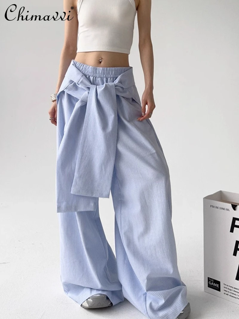 

Autumn Striped Casual Pants Women's Straps Loose Straight Wide-leg Pants Design Long Pants