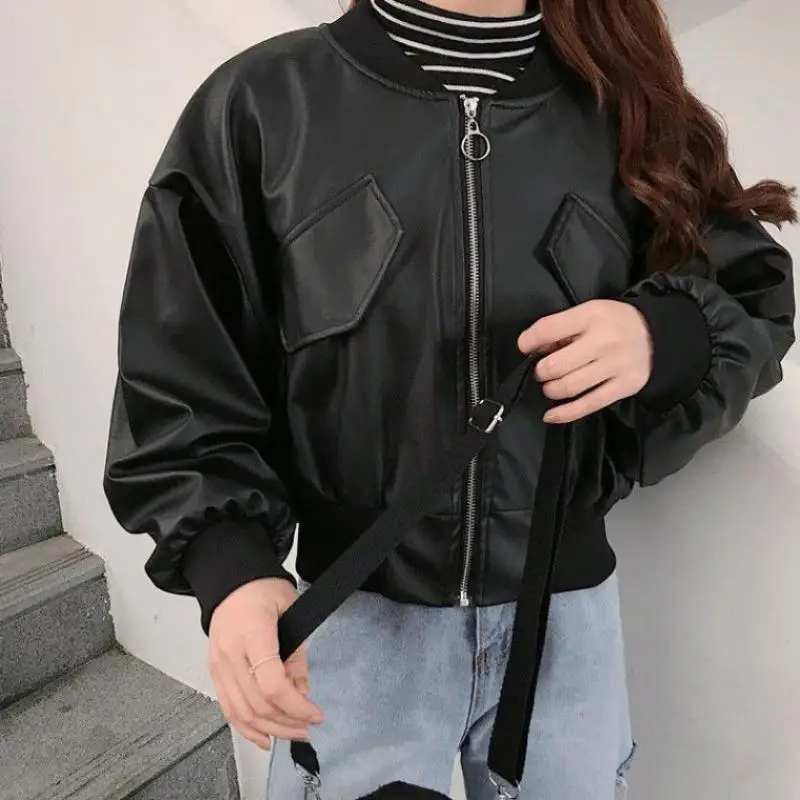 High Waist Short Length Bomber Jackets Women Zippers Leather Outerwear Korean Preppy Style Y2k Casual Coats Moto Biker Black