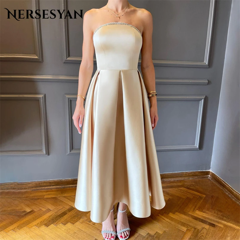 Nersessuperb-Robes de soirée formelles sans bretelles, robe drapée, robe trapèze, robe de soirée en fibre de satin, longueur au rinçage, moderne, éducatif