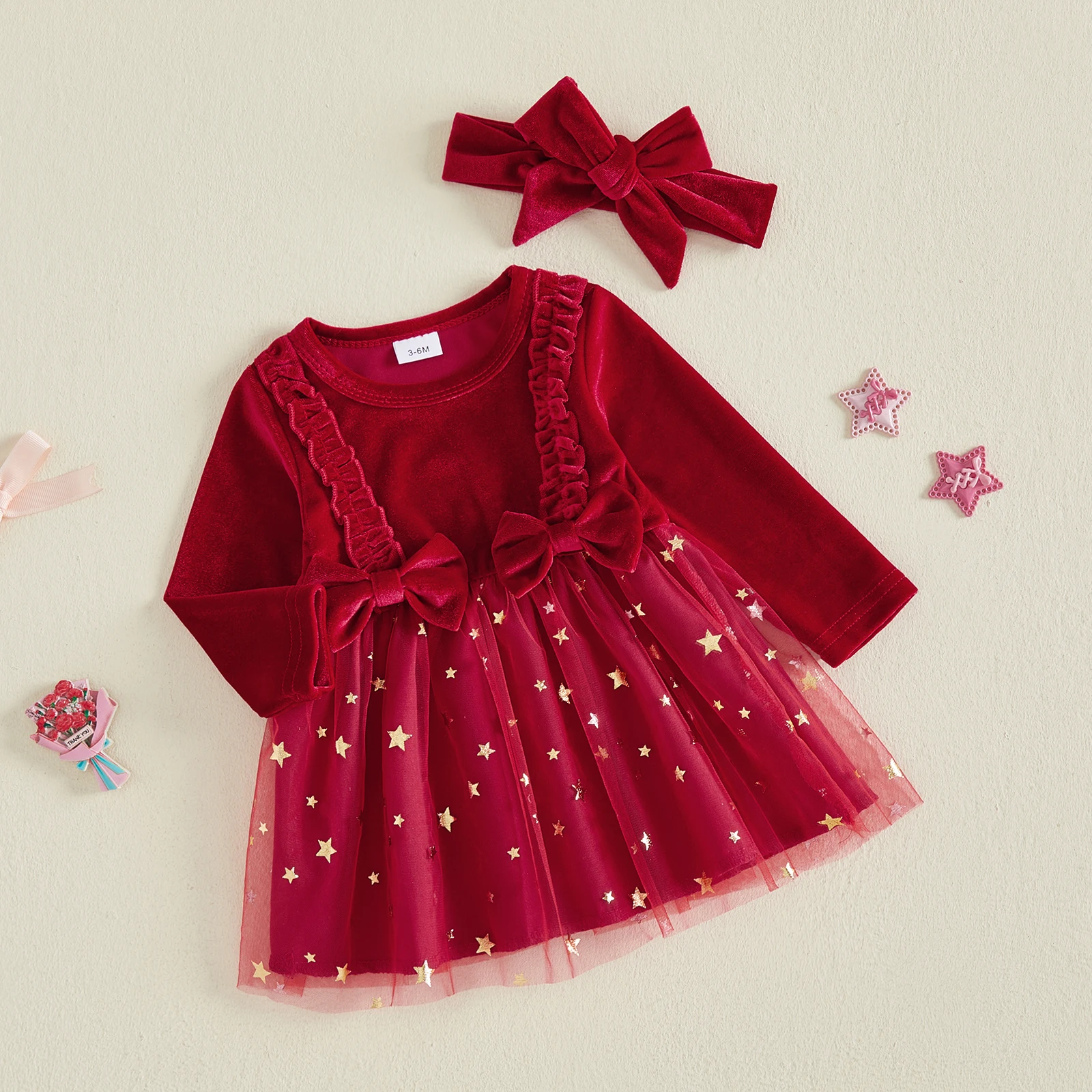 Baby Girl Christmas Velvet Dress Princess Star Print Long Sleeves Party Dress with Bow Headband