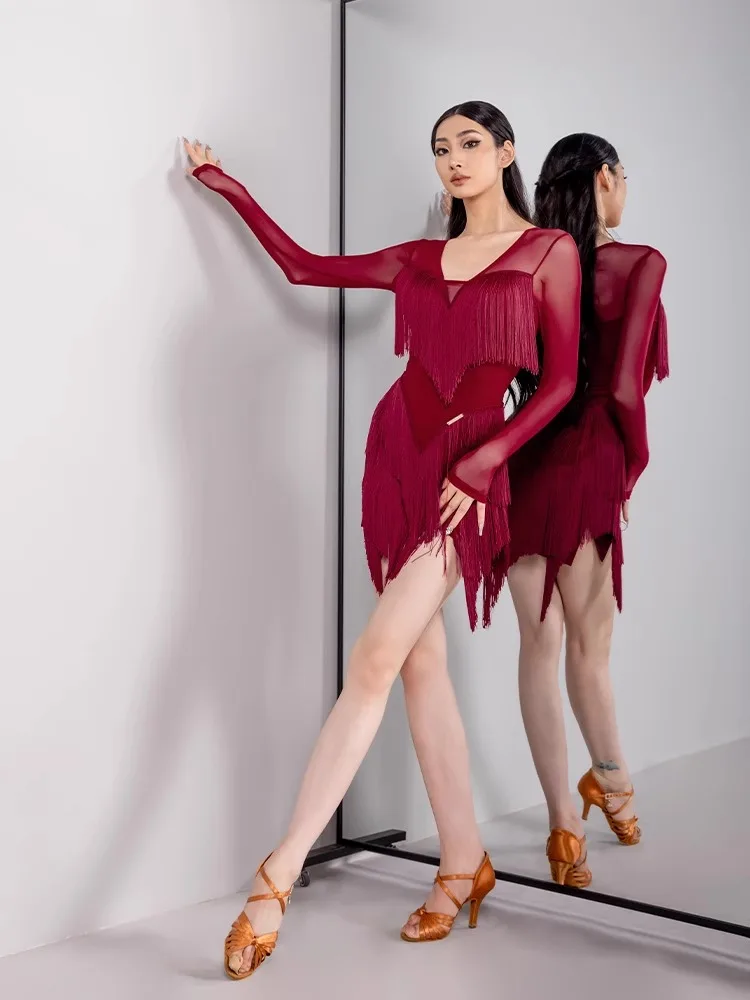 

Latin dance dress high-end set adult women's dance costume new tassel long sleeved dress YD388