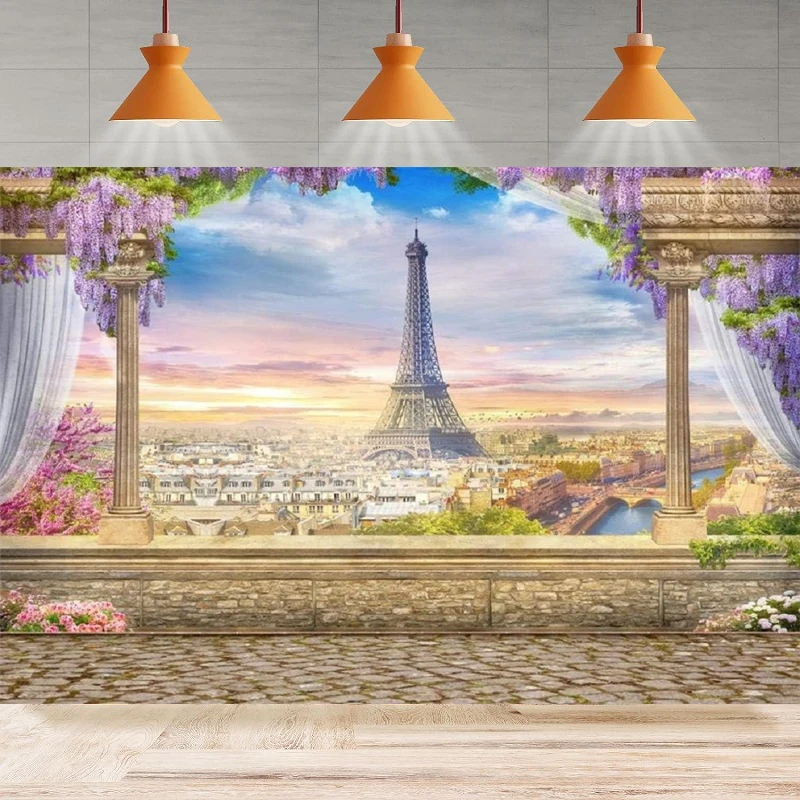 Eiffel Tower Photography Backdrop Retro Pillar Paris Architecture Balcony Overlook Streetscape Background Party Backdrop Wall