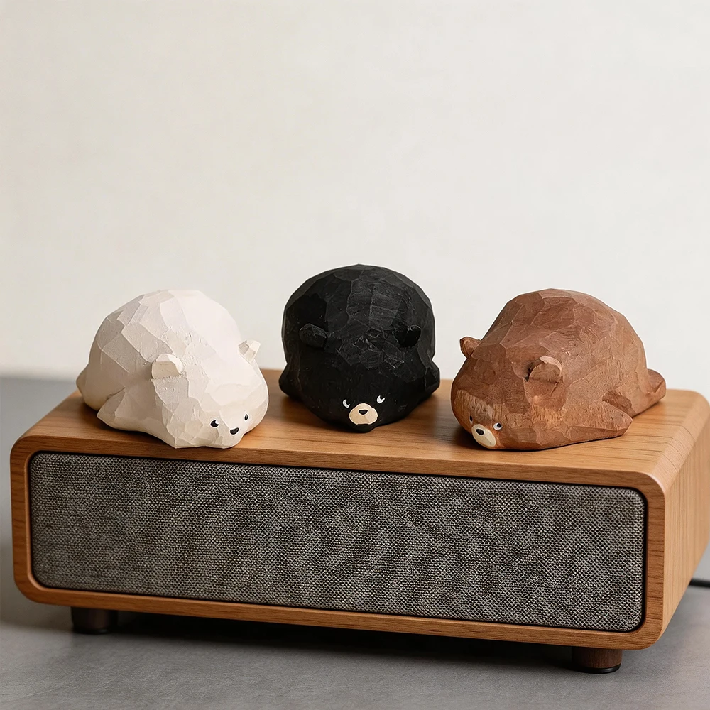 Hand Carved Decorative Wooden Bear Figurine Mini Cute Bear Statue Home Desk Accessories Decor Ornament Gift Office Decoration