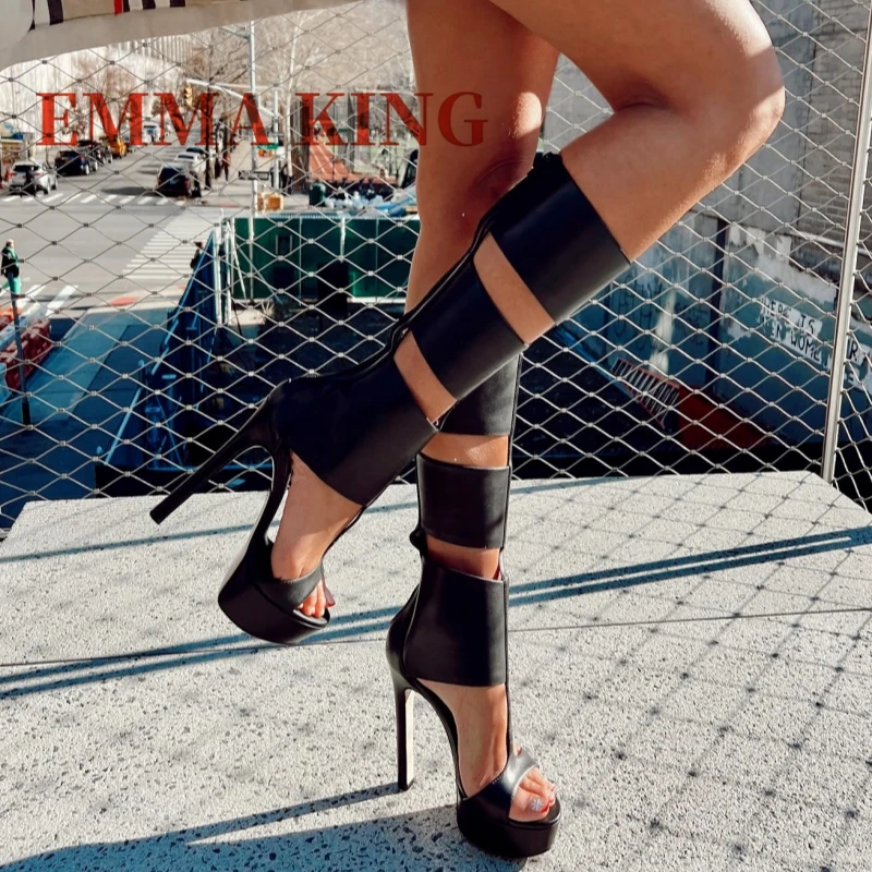 أسود مثير صنادل أرضية جولة المفتوحة تو خنجر عودة زيبر عالية الكعب قطع الأحذية موضة المنصة الصنادل المرأة الصيف #1