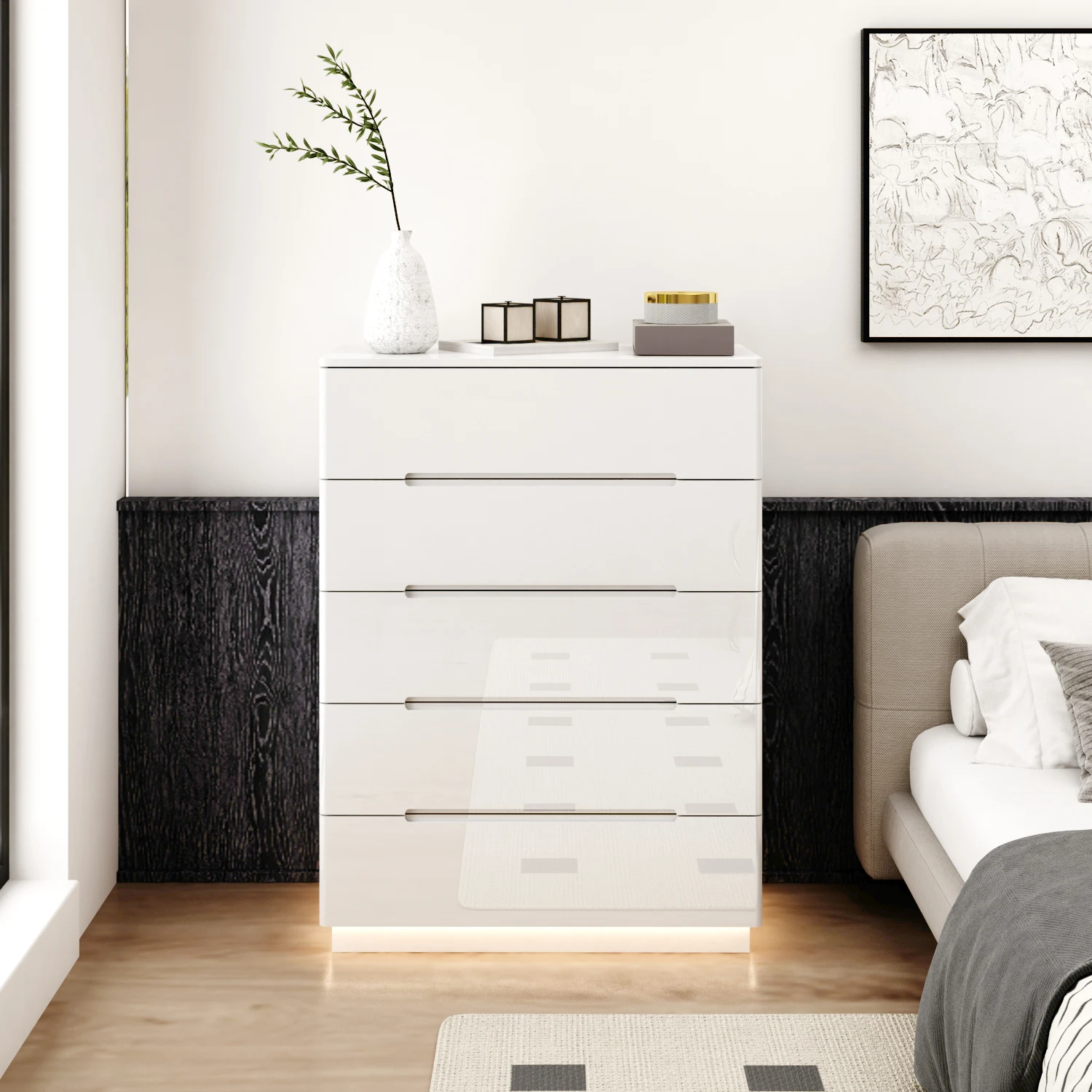 High Gloss Modern Nightstand with Light, Dresser Storage Cabinet with 5 Drawers & Grooved Handles for Bedroom,White