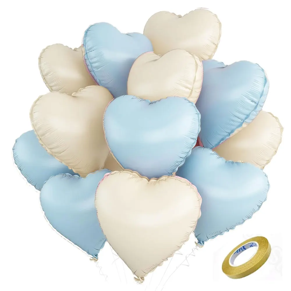 12Pcs Blue Pink Heart Balloons Pastel Baby Pink Blue Beige Foil Helium Balloon for Baby Shower Gender Reveal Twin Birthday Decor