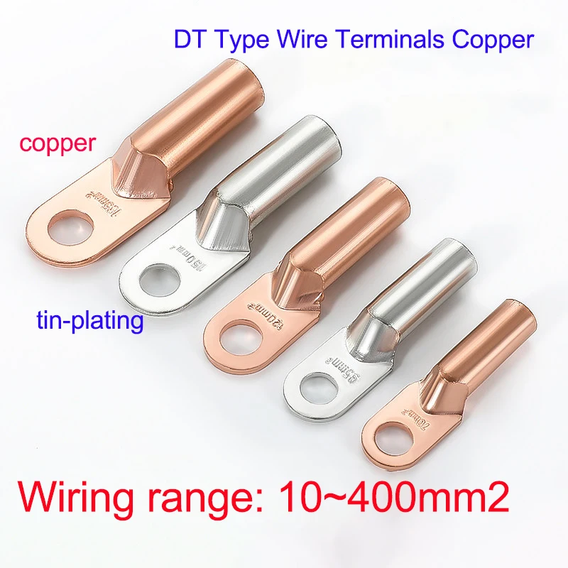 DT Type Wire Terminals Copper Tube Crimp DT-10 ~ DT-400 Tin-plated Block Bolt Hole Nose Lug Cable Connector