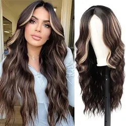 Long Brown Mixed Blonde Wavy Wig Middle Part Curly Fake Hair Wigs for Black Women 26 Inch Ombre  Body Wave Synthetic Wig Cosplay