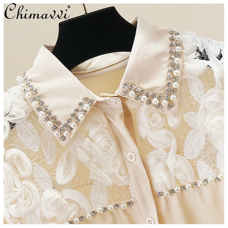 2025 Autumn Clothes New Korean Fashion Heavy Beaded Floral Patchwork Shirt Loose Elegant Long Sleeve Women's Blouse Tops