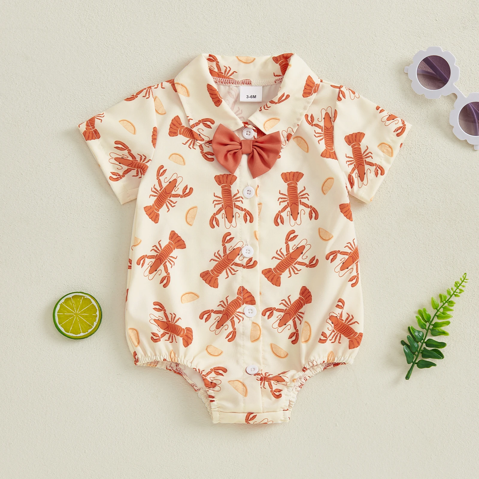 

0-18 Months Baby Boy Button Up Jumpsuit Summer Short Sleeve Turn Down Collar Lobster Print Rompers