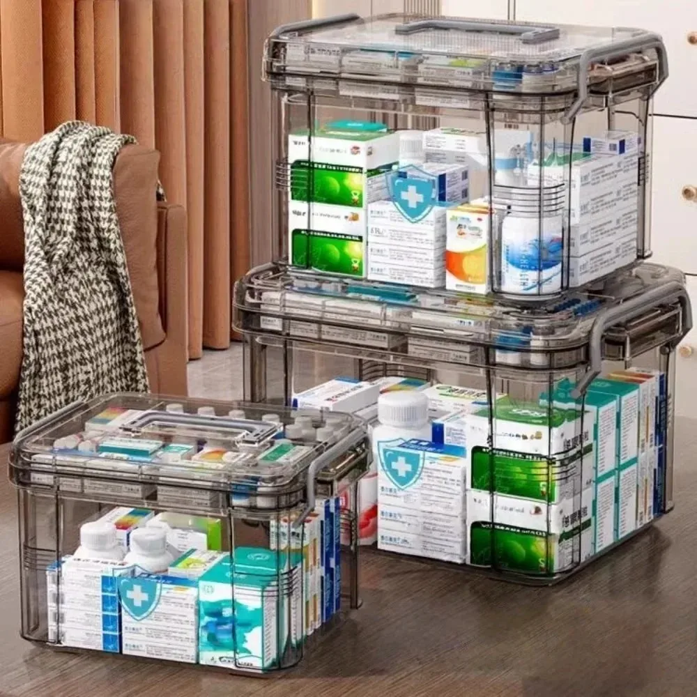 1-2Pcs Clear Medicine Organizer Box Empty Plastic First Aid Kit With Tray Thickened Medical Storage Chest Container With Handle