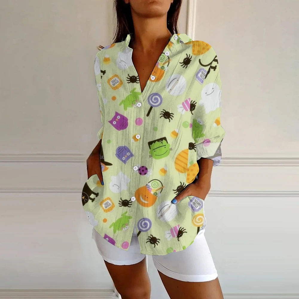 Halloween-Inspired Printed Lapel Button-Down Shirt Candy Spiders Pumpkins Cute Cartoon Prints Top Women Trick Or Treat Outfit