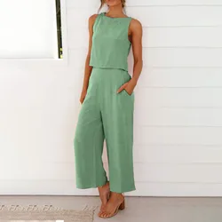 Women Summer Casual Linen 2 Piece Pants Set Solid Elegant Two Piece Suit Sleeveless Wide Leg Trouser 2024 New In Matcing Sets