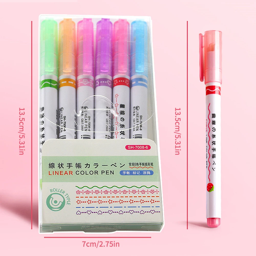 6pcs/set Highlighter Pen Line Shaped Color Sharp Curve Line Art Contour Marking Highlighting Pen Diary School Stationery Supplie