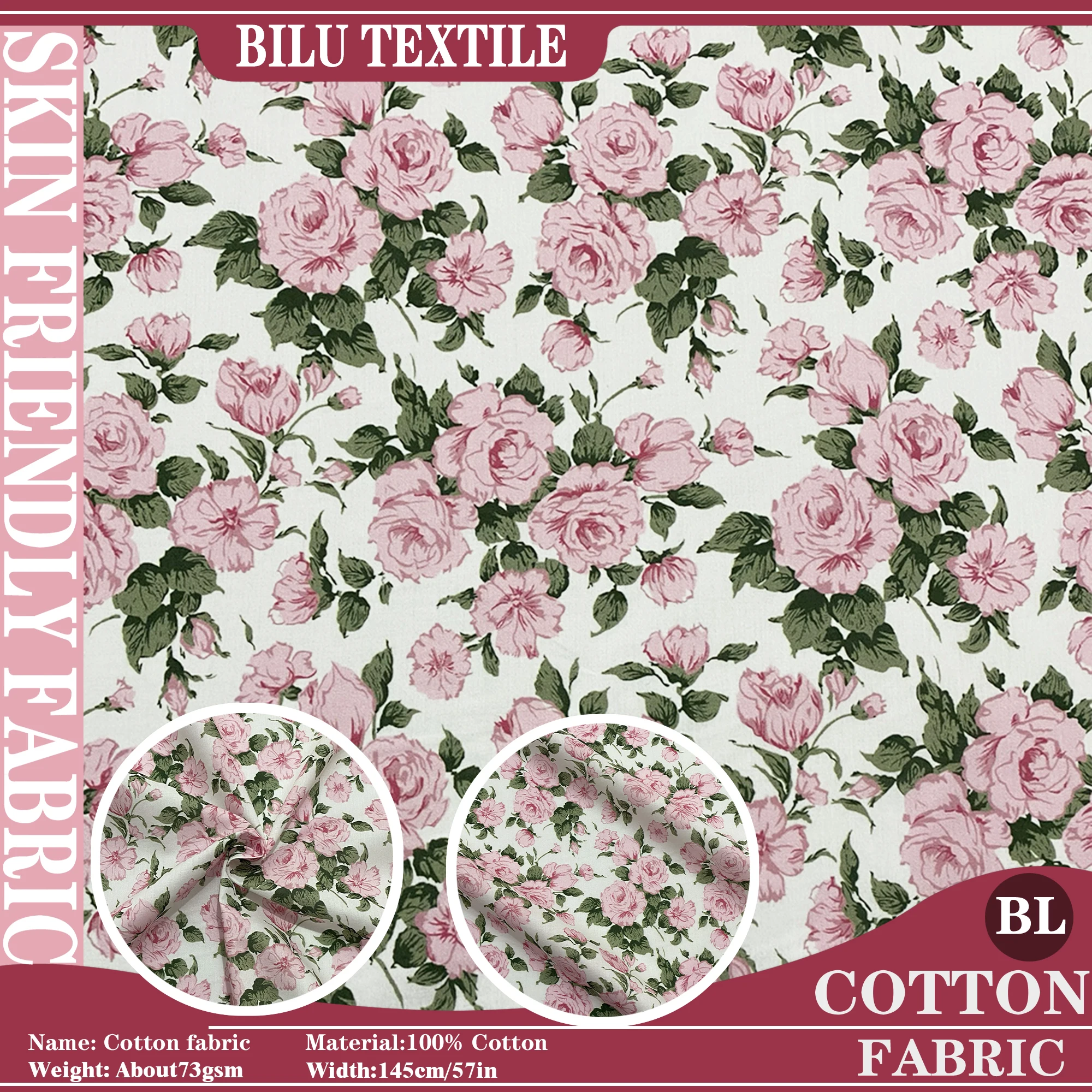 

1/2/3/5M 100% Cotton Fabric Carline rose 80S combed Cotton Poplin printing Sewing Making Dress Clothing Handmade Kids DIY cloth