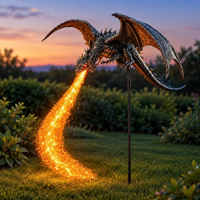 Dragon Sculpture with Daytime Solar Charging, Automatic Evening Lighting, and a Flame Effect for Lawns, Yards, and Flower Garden