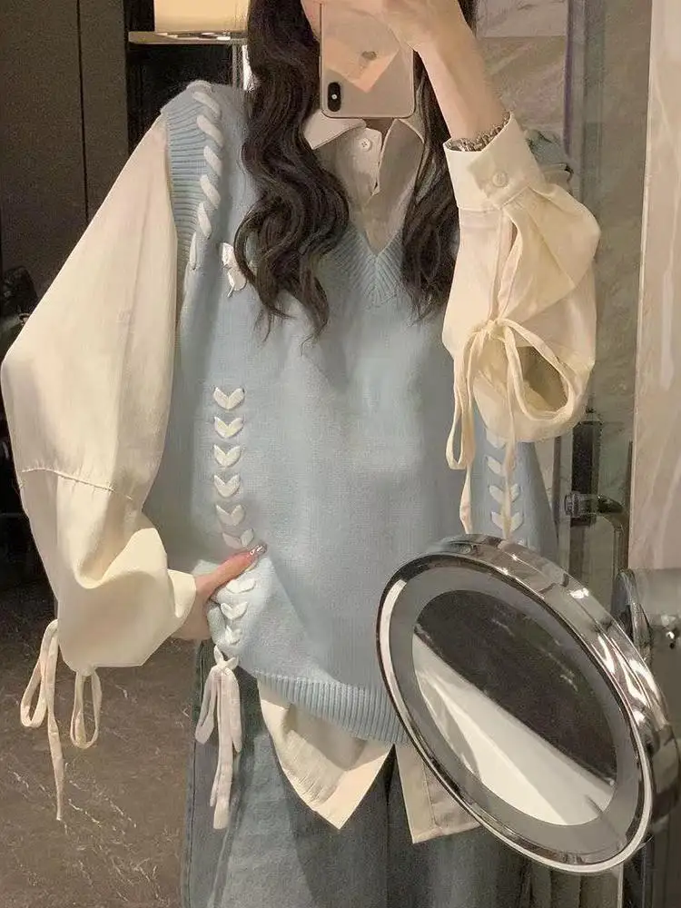 

Корейский студенческий топ с завязками и женский комплект кампусной моды, осеннее новое поступление, комплект из двух предметов