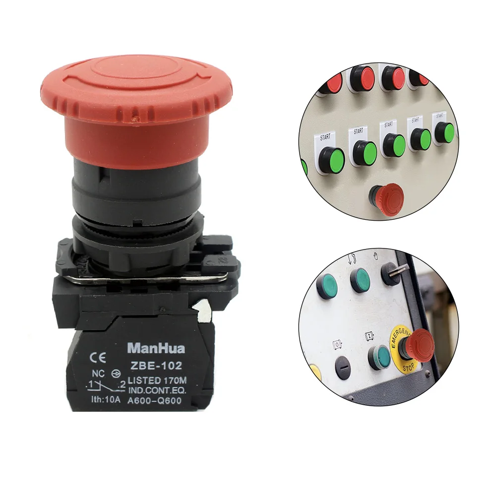 ManHua XB5-AS542 220V 10A Emergency Stop Mushroom Push Button Switch Red NC 22mm  Control Electrical Starter Switch 1NC 2NC 2NO