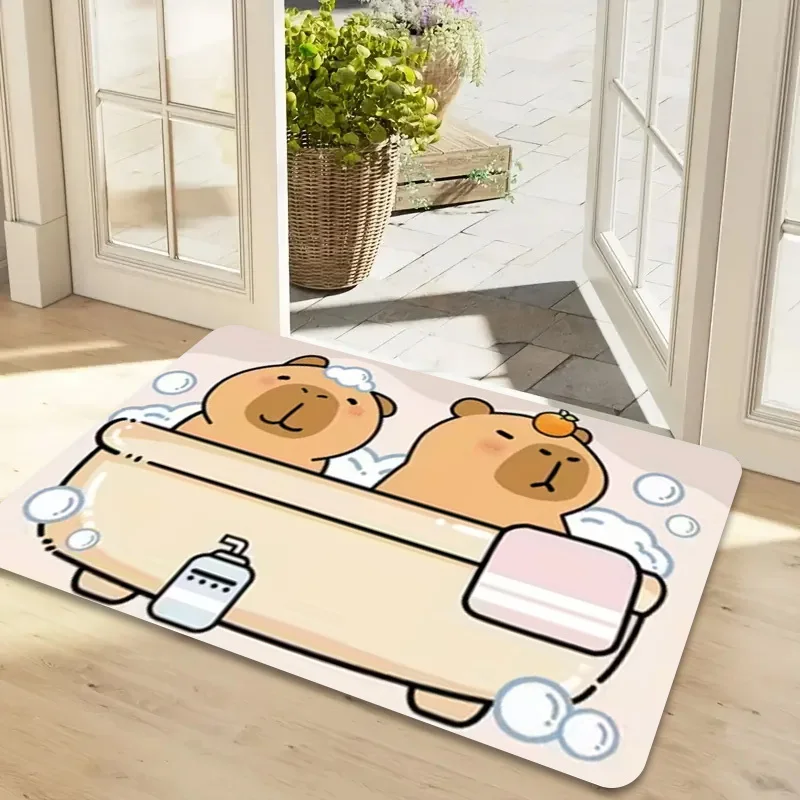 Cute Capybara Bath Time Door Mat, Cartoon Hamster Soaking Tub Entrance Floor Rug, Kawaii Animal Bathroom Decor Carpet