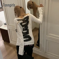 Tonngirls-Camiseta con estampado Retro americano para mujer, Tops gráficos de botones de manga larga Y2k, Tops Grunge japoneses de los años 2000, otoño