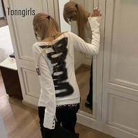 Tonngirls American Retro Print T-shirt Women Long Sleece Button Graphic Tops Y2k Tops 2000s Japanese Grunge Tops E-girls Autumn