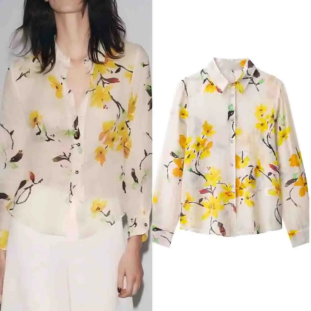 

Women's new fashion casual ramie flower print long sleeve shirt vintage lapel Button-up women's shirt chic top