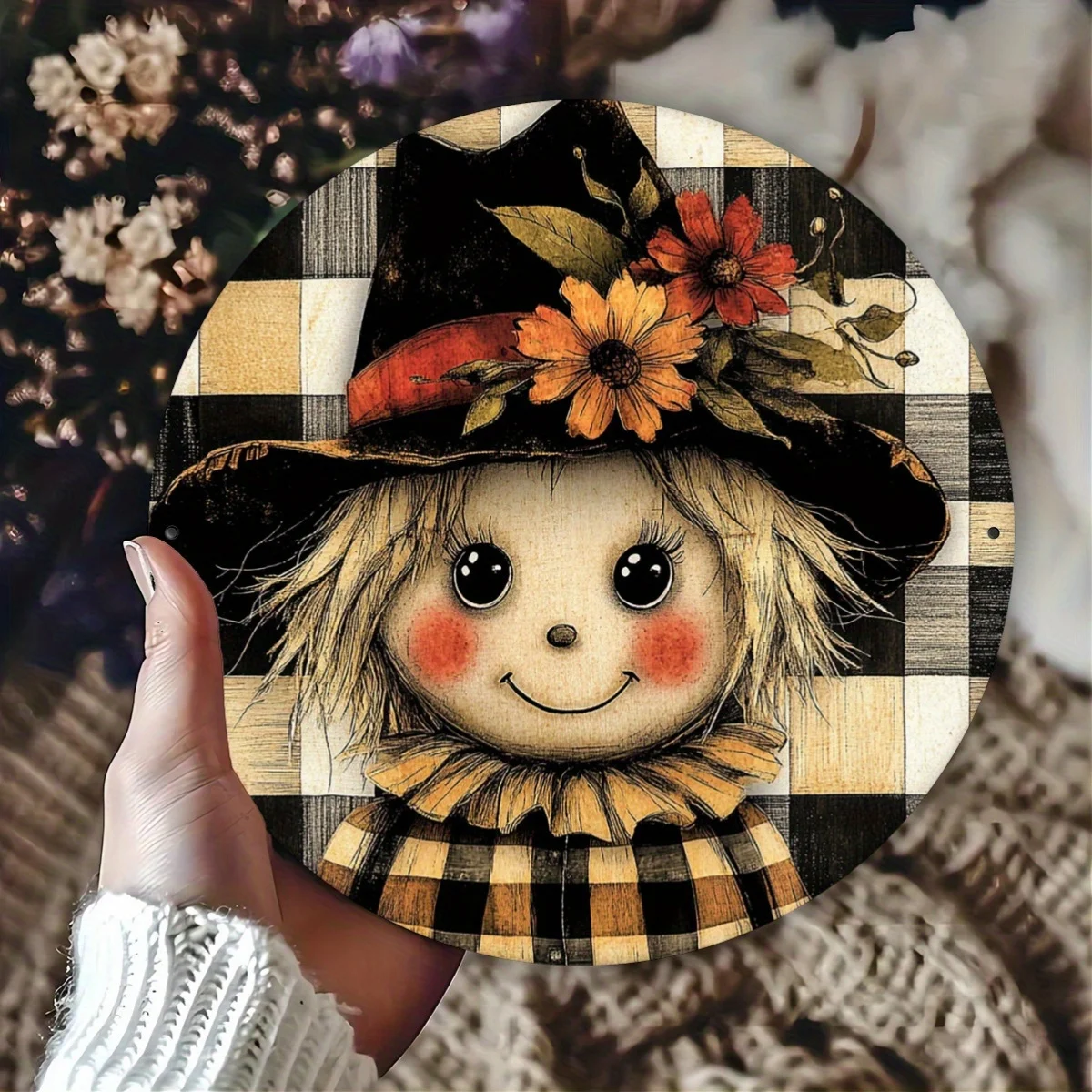1pc Round Metal Scarecrow Sign - 8x8 Inch Aluminum, Charming Autumn & Thanksgiving Decor with Witch's Hat & Floral Doll Design,
