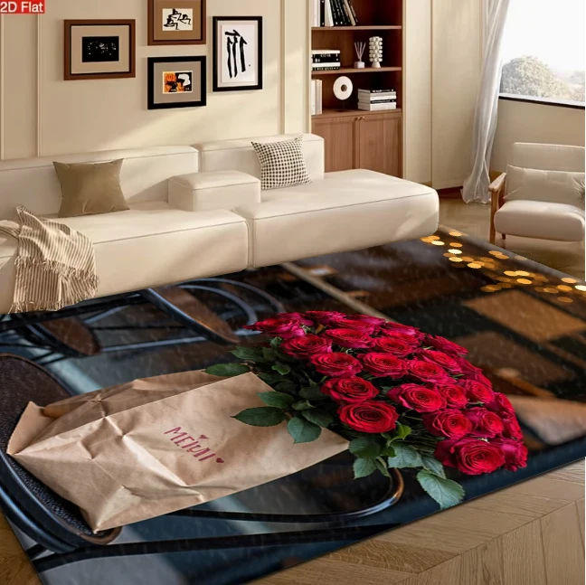 Luxury Red Rose Bouquet Carpet Flooring, Romantic Flower Non-Slip Floor Rug for Living Room Bedroom Wedding Home Decoration