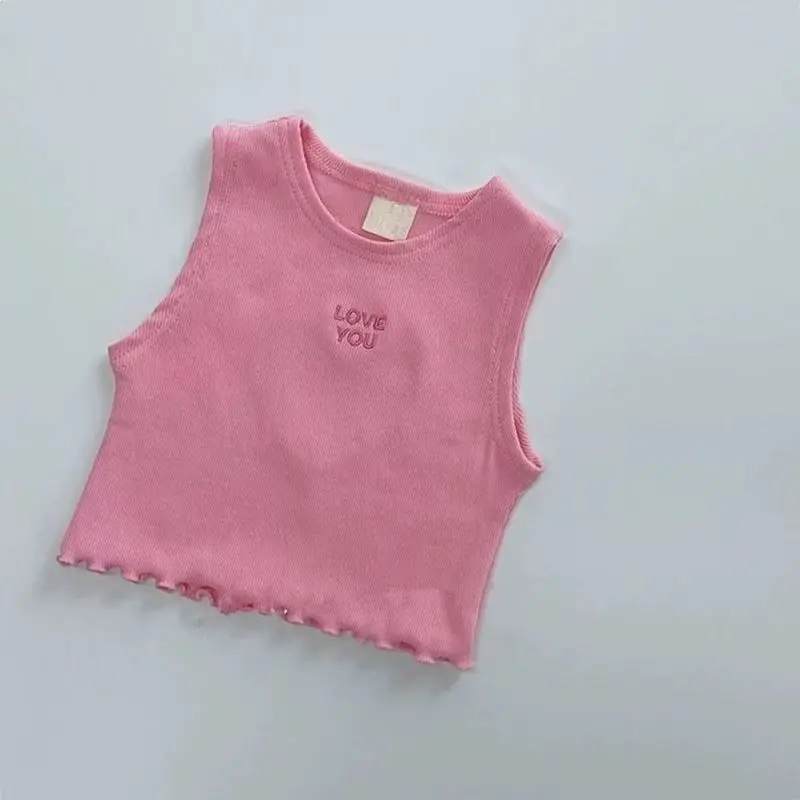 Korea Summer Kids Clothes  Baby Girls Vest Cute Hollow Heart Pink Blue Vest Toddler Fashion Cropped Top Y2k Tee Tops 80-130cm
