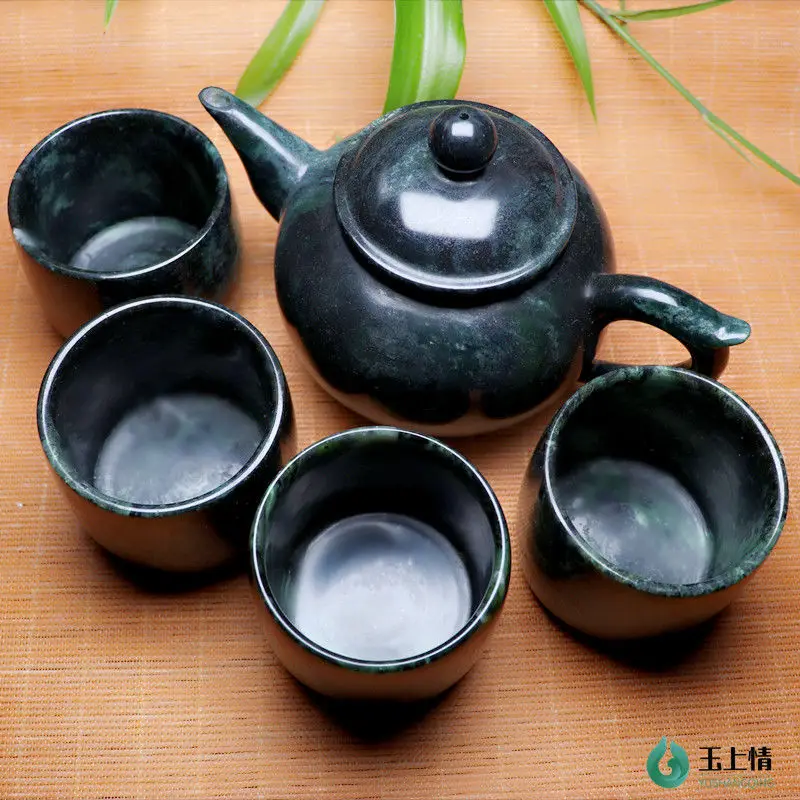 Natural Green Jade Teapot 4 Teacup Gongfu Teaware Chinese Tea Ceremony Hand Carved Jades Stone Tea Set With Teapots