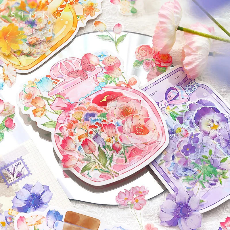 30pcs Romantic Flower Decorative Stickers Pack Vintage Material Craft Sticker Scrapbooking Label Diary Cup Phone Journal Planner