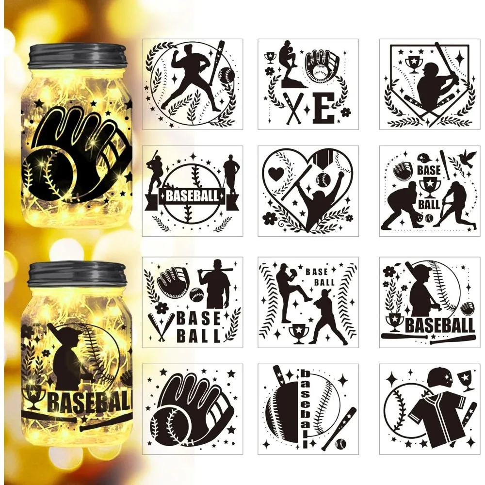 Baseball Silhouette Cutouts for Jars, Mason Can, Glass, Wall, Wishing Bottle Decor(No Stickers),12Pcs Reusable Silhouette