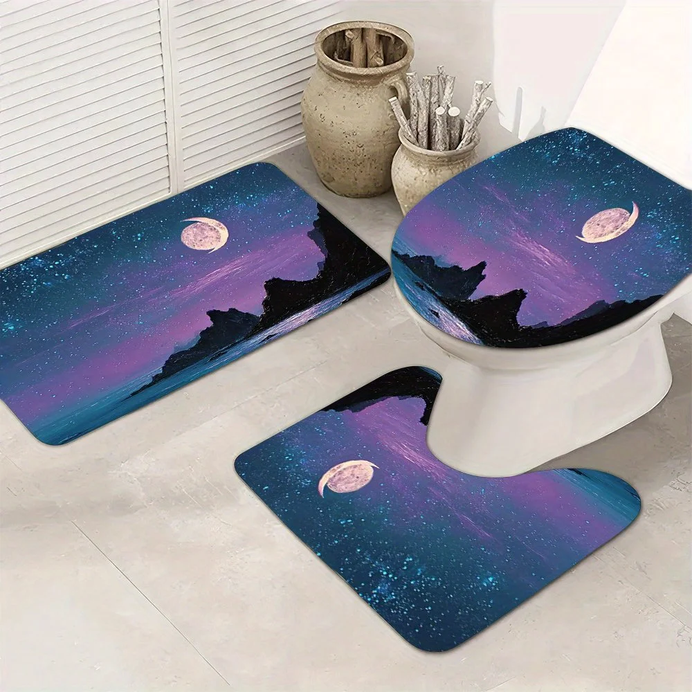 Luxury Galaxy Bath Mat Set for Bathroom Decor Stars and Moon Nebula Waterproof Mat Rug Set Spa Home Gift