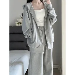 American Retro Solid Color Leisure Sweatshirt Suit Women's Autumn Winter New Loose Hooded Gray Sweater Wide-leg Pants Two-piece