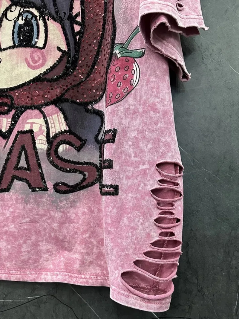 甘いクールな穴デザイン漫画イチゴ少女甘い Tシャツ春夏のファッションルーズ半袖 Tシャツ女性トップス