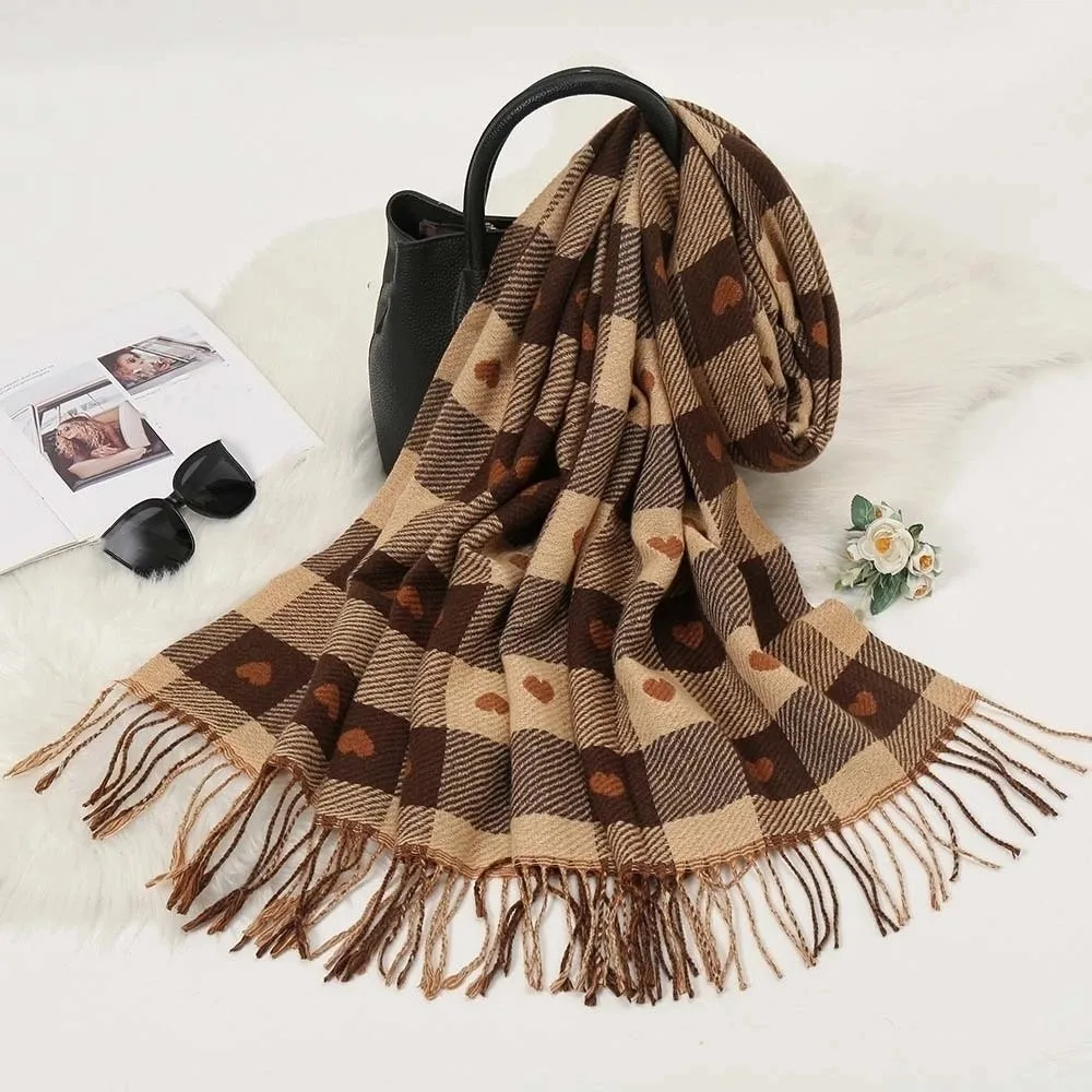 الكورية نمط ألياف الاكريليك منقوشة وشاح محبوك طويل لينة القلب سميكة وشاح الترتان المطبوعة دفئا شرابة شال زوجين