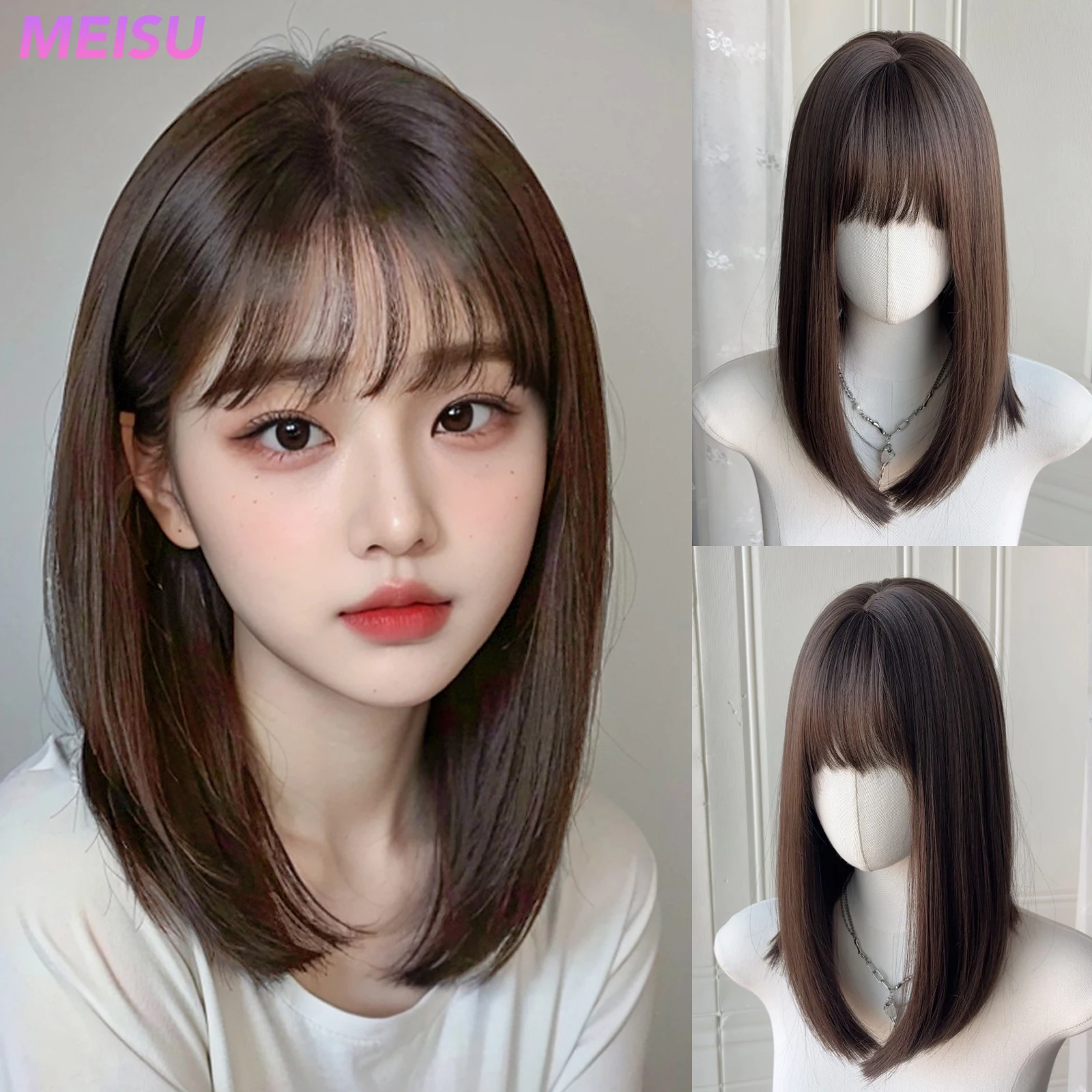 MEISU 16 بوصة قصيرة بوبو الانفجارات شعر مستعار الاصطناعية مستقيم الطبقات الباروكات الألياف البني مقاومة للحرارة حفلة أو Selfie تأثيري للنساء #1