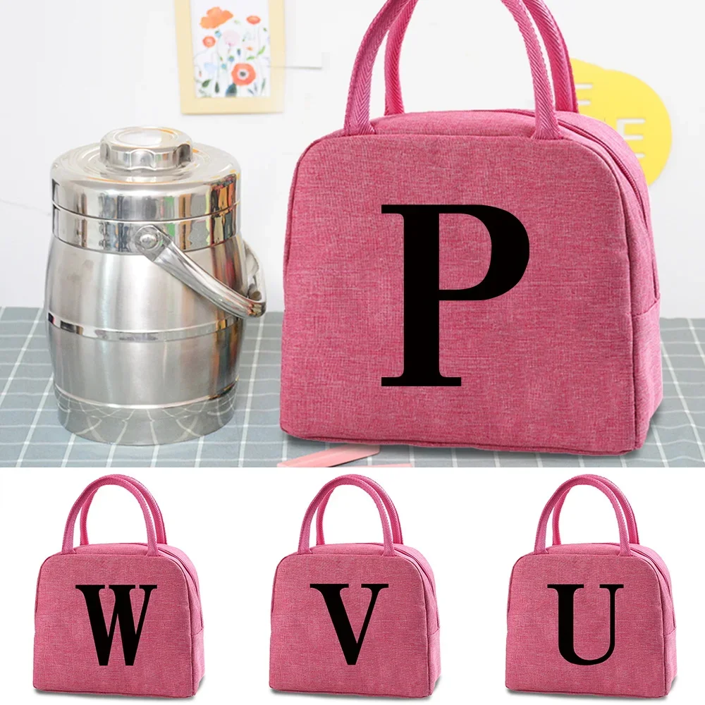 Black Letter Canvas Lunch Box Bag Dinner Bag Cooler Picnic Bag Fashion Lunch Bags School Food Insulated Camping Travel Handbags