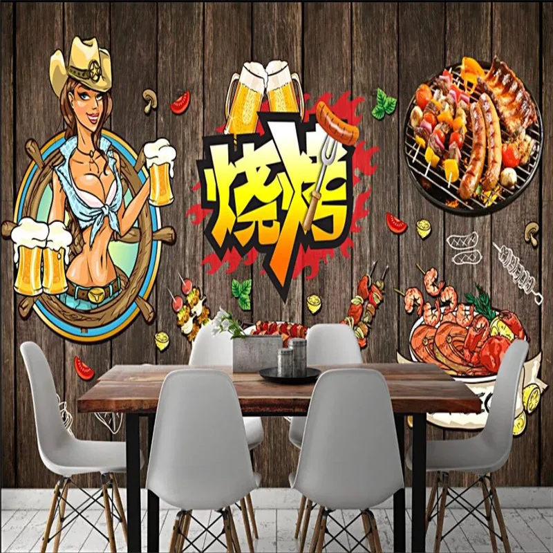 Custom Text Barbecue Kebab Wall Paper Papel De Parede 3D BBQ Beer Bar Restaurant Snack Bar Industrial Decor Mural Wallpaper 3D