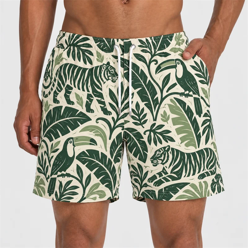 Men's Tropical Jungle Animal Print Shorts Summer Casual Drawstring Elastic Waist Beach Vacation Shorts with Pockets