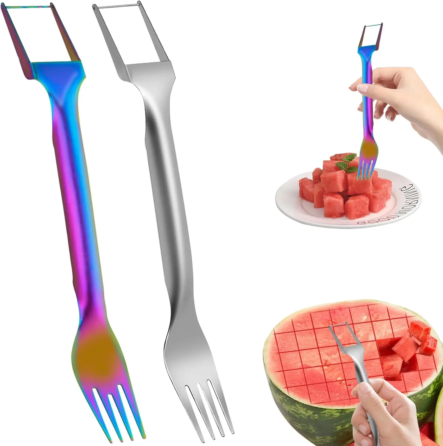 

2Pcs Watermelon Fork Slicer , Stainless Steel Fruit Portable Watermelon Slicer Tool 2-in-1 Fruit , Suitable for Family Parties