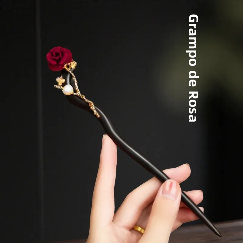 grampo-de-cabelo-de-madeira-Ebano-preto-com-flor-de-metal-e-perola-vermelha-acessorio-de-cabelo-estilo-chines-tradicional-pa