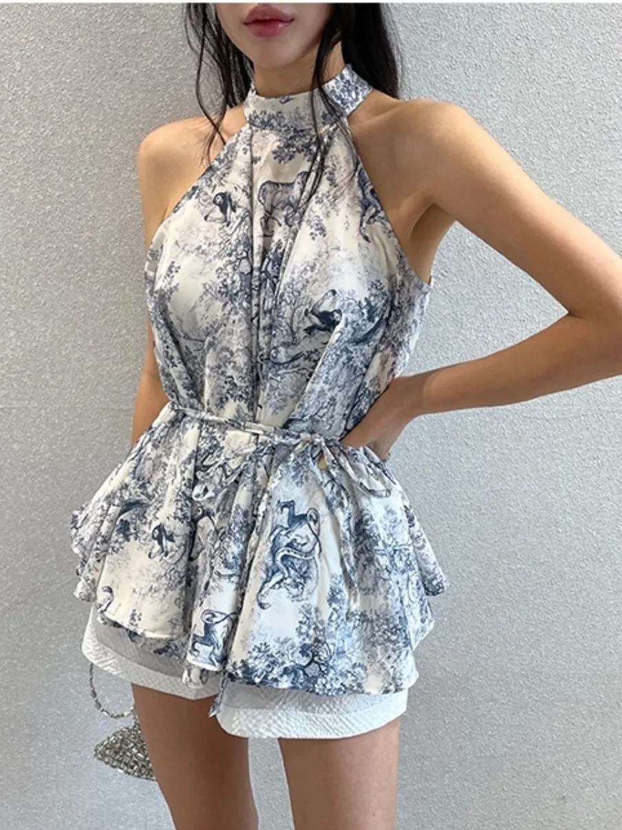 بلوزة صيفية أنيقة بطباعة سومي عتيقة بدون أكمام للنساء، قميص شيفون فضفاض بتصميم رقيق وأنيق